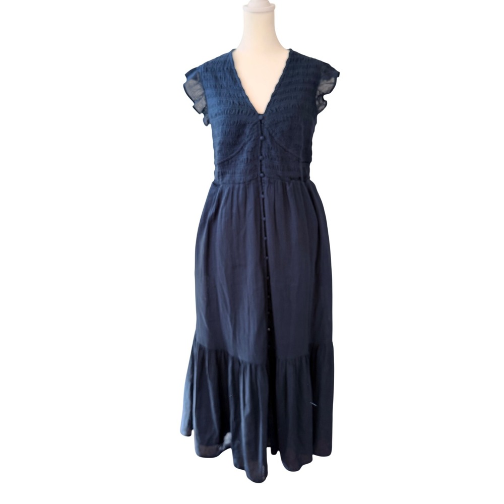 NWT $85 QUINCE Navy Smocked Cottagecore Romantic Midi Dress Organic Cotton LARGE